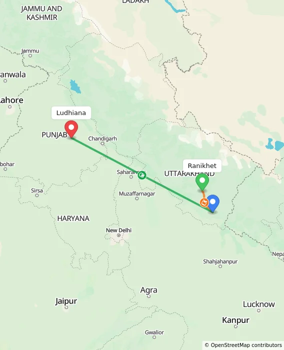 Route map showing distance and travel time from Ranikhet, India to Ludhiana, India