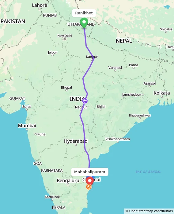 Route map showing distance and travel time from Ranikhet, India to Mahabalipuram, India