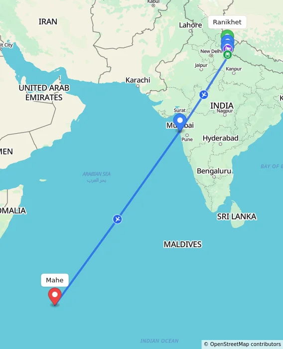 Route map showing distance and travel time from Ranikhet, India to Mahe, Seychelles