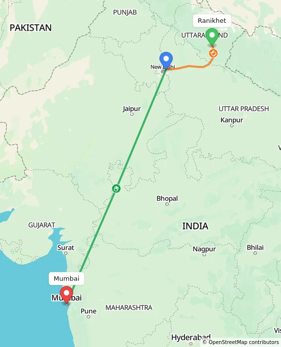 Route map showing distance and travel time from Ranikhet, India to Mumbai, India
