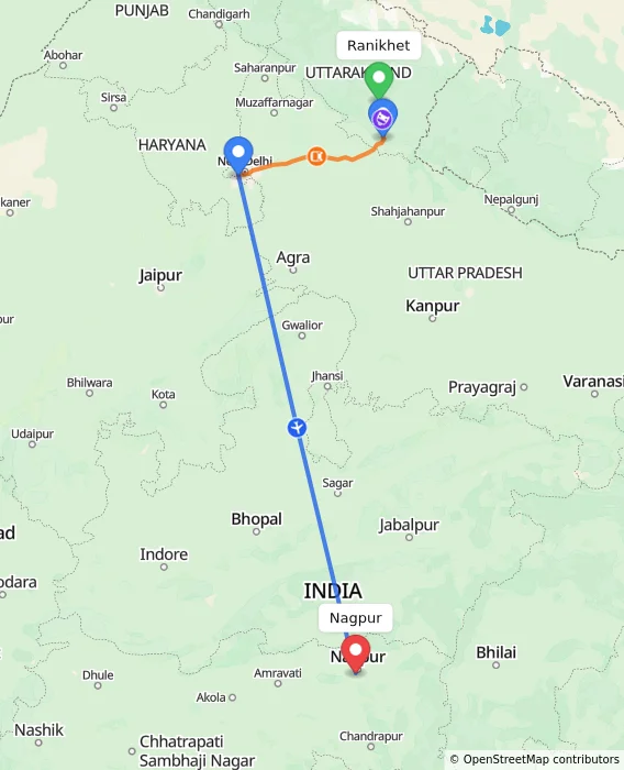 Route map showing distance and travel time from Ranikhet, India to Nagpur, India