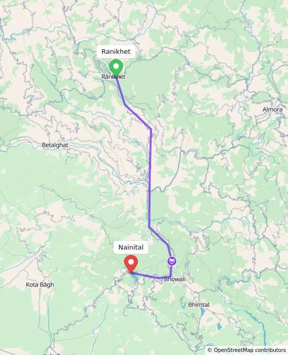 Route map showing distance and travel time from Ranikhet, India to Nainital, India