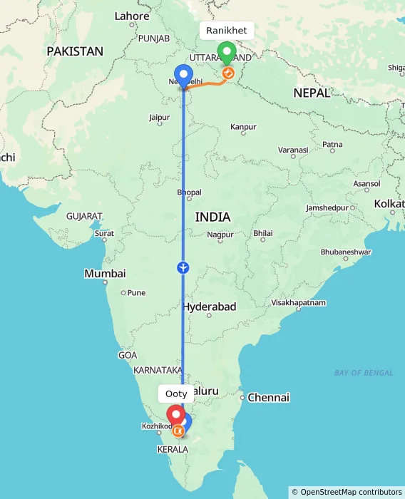 Route map showing distance and travel time from Ranikhet, India to Ooty, India