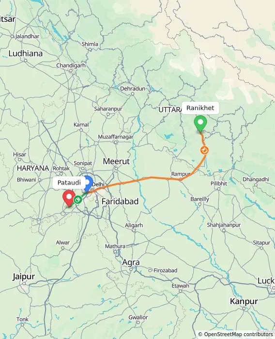 Route map showing distance and travel time from Ranikhet, India to Pataudi, India