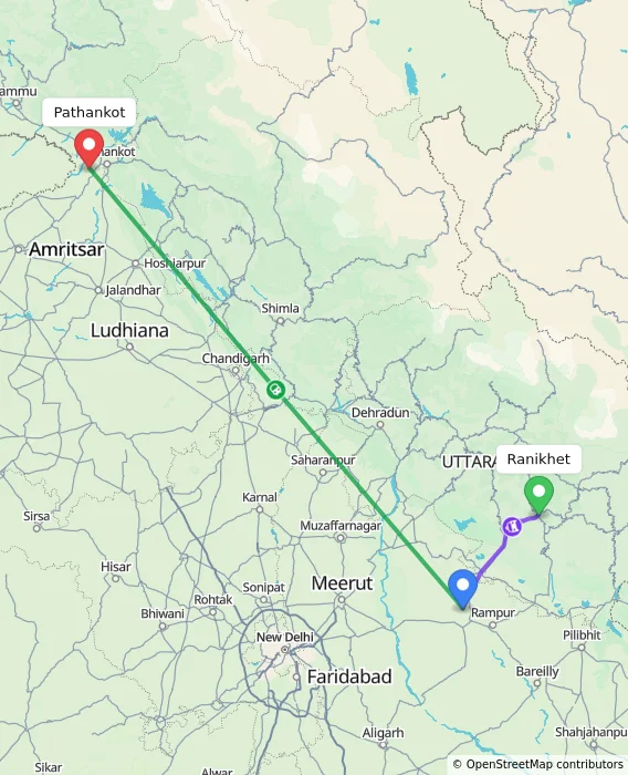 Route map showing distance and travel time from Ranikhet, India to Pathankot, India