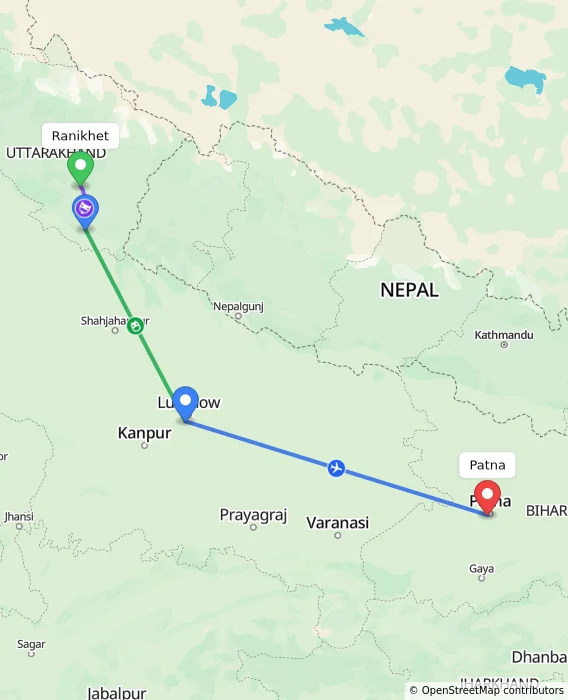 Route map showing distance and travel time from Ranikhet, India to Patna, India