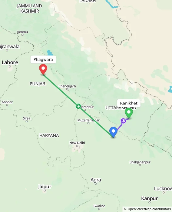 Route map showing distance and travel time from Ranikhet, India to Phagwara, India