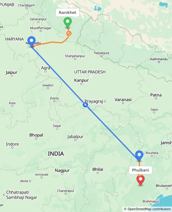 Route map showing distance and travel time from Ranikhet, India to Phulbani, India