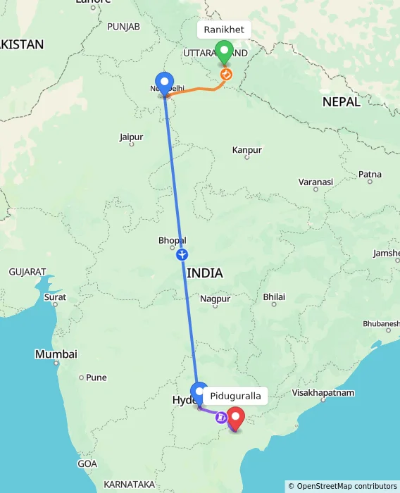 Route map showing distance and travel time from Ranikhet, India to Piduguralla, India