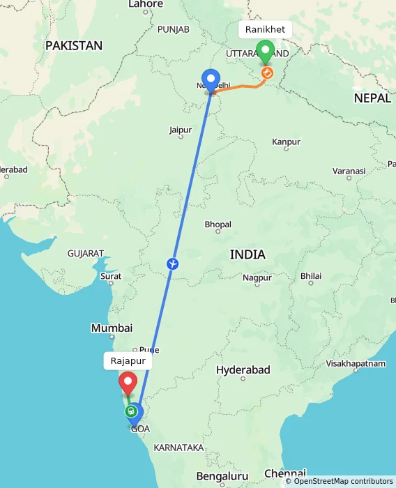 Route map showing distance and travel time from Ranikhet, India to Rajapur, India