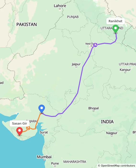 Route map showing distance and travel time from Ranikhet, India to Sasan Gir, India