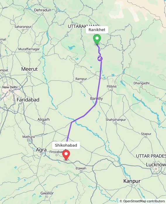 Route map showing distance and travel time from Ranikhet, India to Shikohabad, India