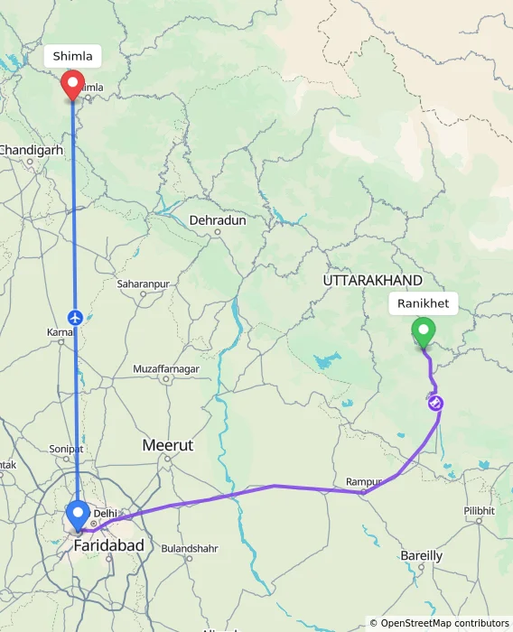 Route map showing distance and travel time from Ranikhet, India to Shimla, India