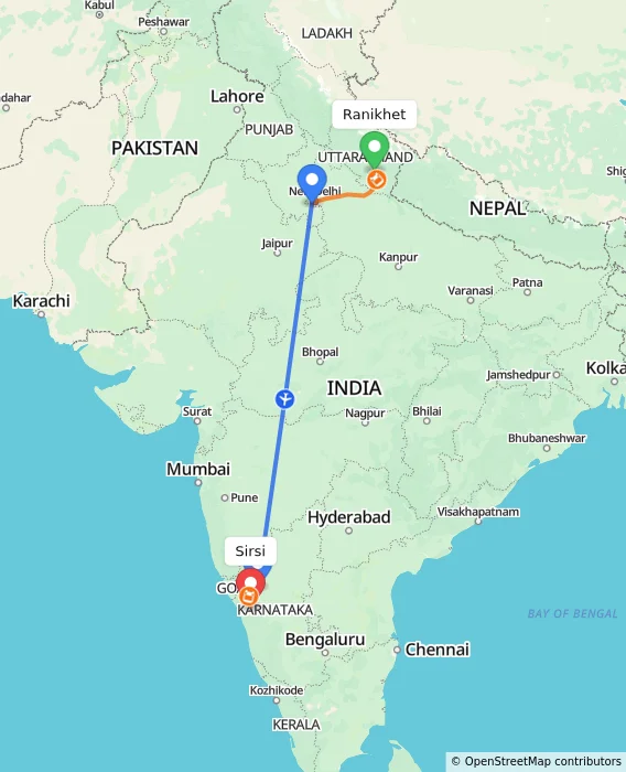 Route map showing distance and travel time from Ranikhet, India to Sirsi, India
