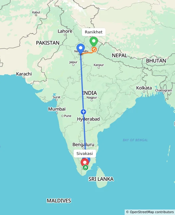 Route map showing distance and travel time from Ranikhet, India to Sivakasi, India