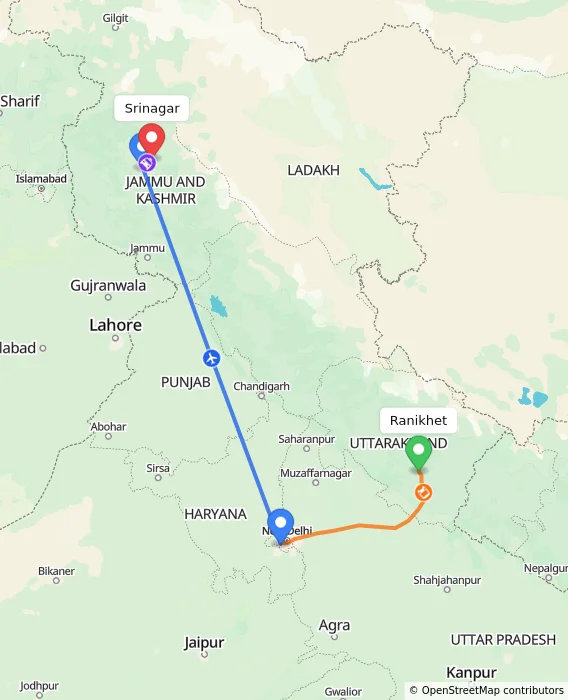 Route map showing distance and travel time from Ranikhet, India to Srinagar, India
