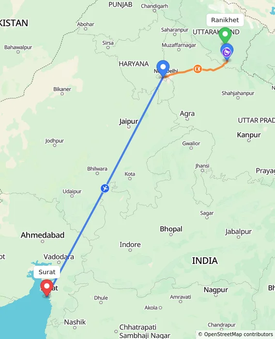 Route map showing distance and travel time from Ranikhet, India to Surat, India