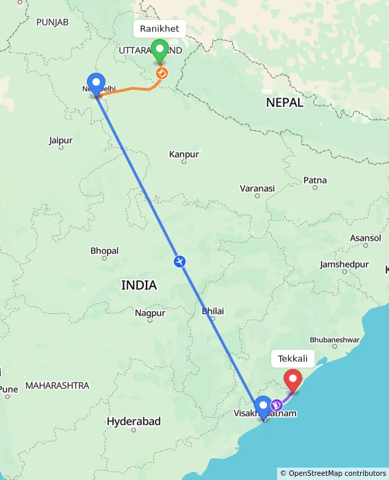 Route map showing distance and travel time from Ranikhet, India to Tekkali, India