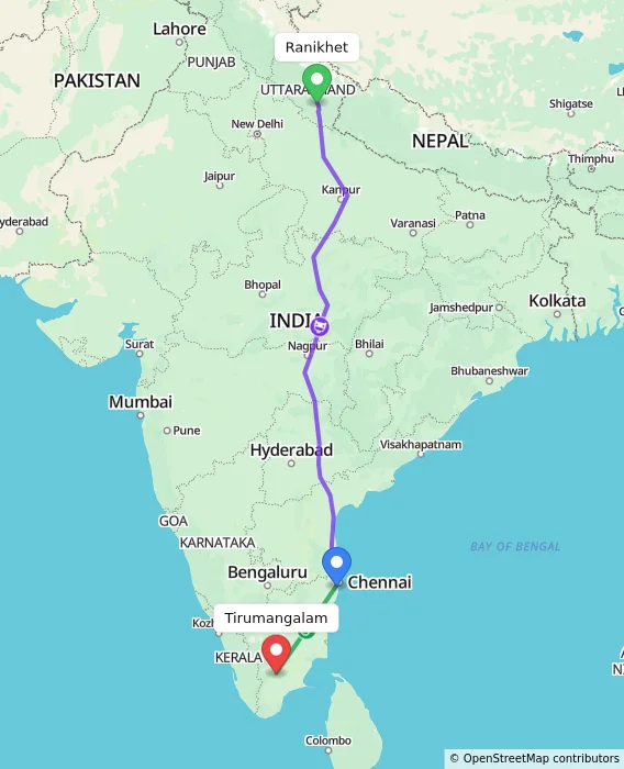 Route map showing distance and travel time from Ranikhet, India to Tirumangalam, India