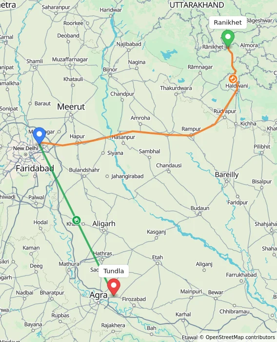Route map showing distance and travel time from Ranikhet, India to Tundla, India