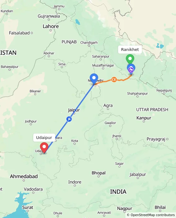Route map showing distance and travel time from Ranikhet, India to Udaipur, India