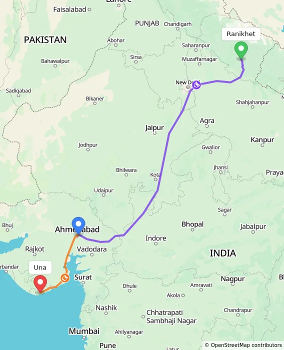 Route map showing distance and travel time from Ranikhet, India to Una, India