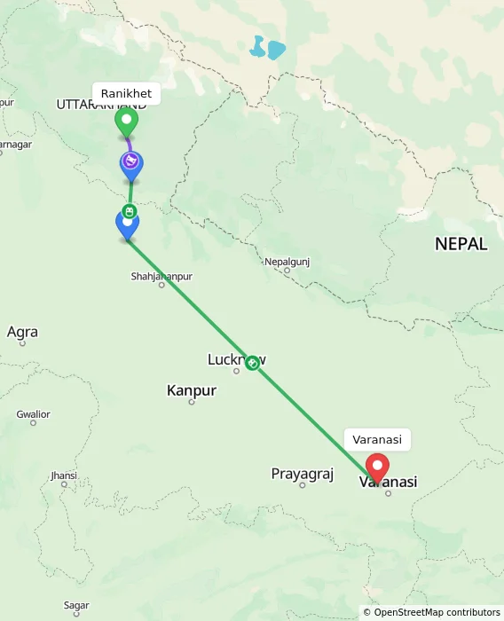 Route map showing distance and travel time from Ranikhet, India to Varanasi, India