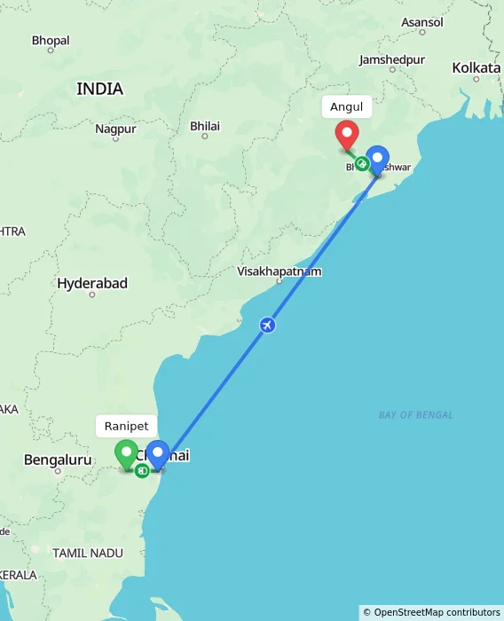 Route map showing distance and travel time from Ranipet, India to Angul, India