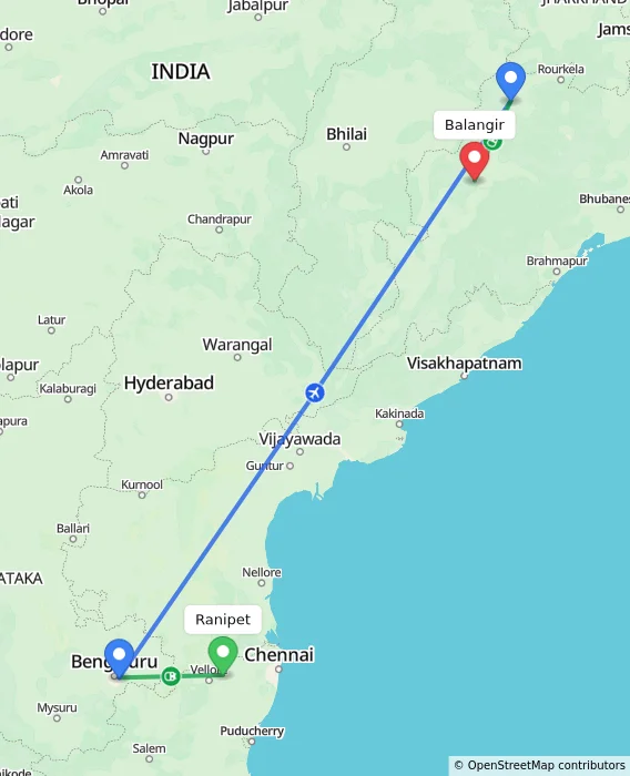 Route map showing distance and travel time from Ranipet, India to Balangir, India