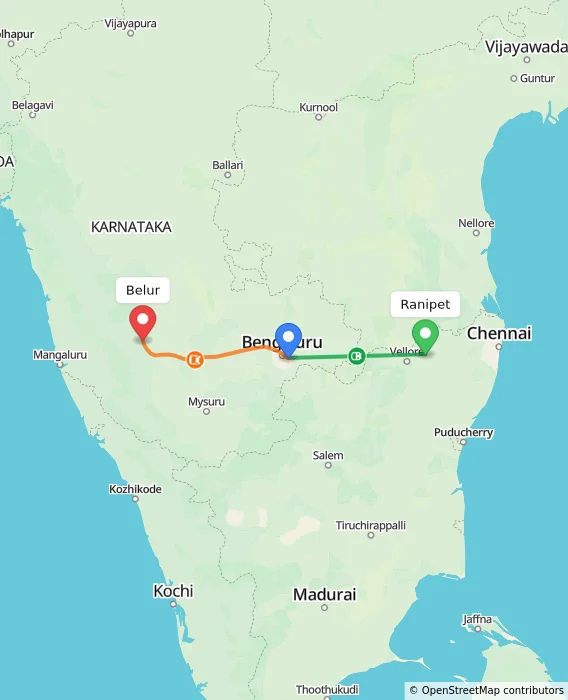 Route map showing distance and travel time from Ranipet, India to Belur, India