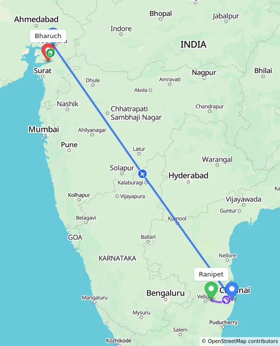 Route map showing distance and travel time from Ranipet, India to Bharuch, India