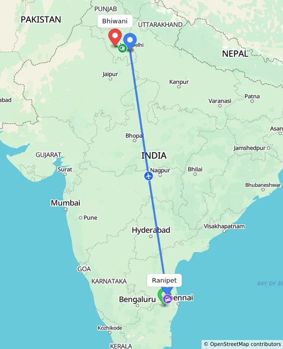 Route map showing distance and travel time from Ranipet, India to Bhiwani, India