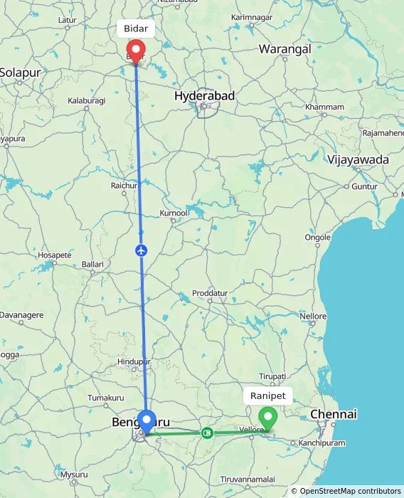 Route map showing distance and travel time from Ranipet, India to Bidar, India