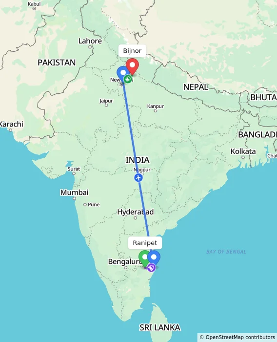Route map showing distance and travel time from Ranipet, India to Bijnor, India