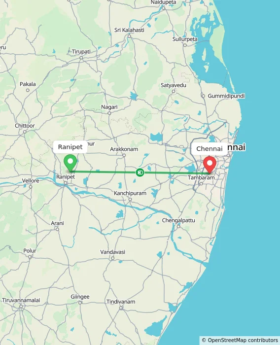 Route map showing distance and travel time from Ranipet, India to Chennai, India