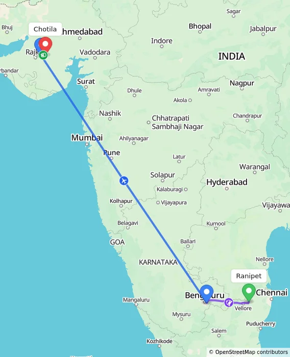 Route map showing distance and travel time from Ranipet, India to Chotila, India