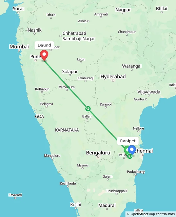 Route map showing distance and travel time from Ranipet, India to Daund, India