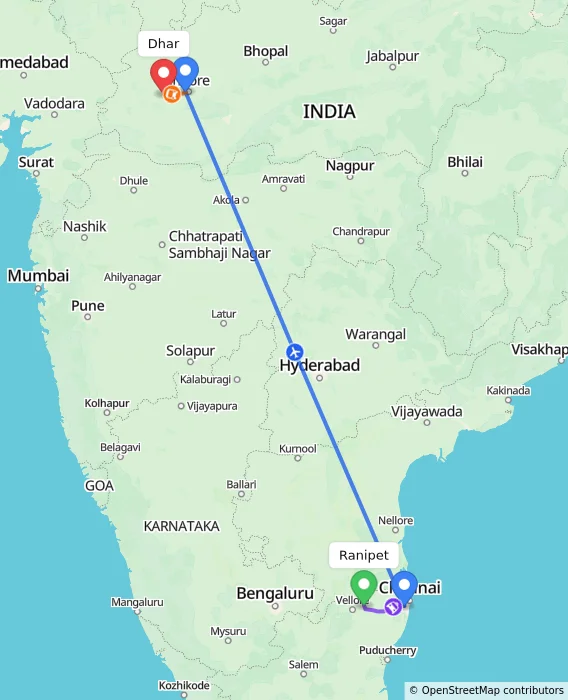 Route map showing distance and travel time from Ranipet, India to Dhar, India