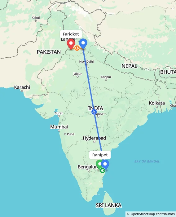 Route map showing distance and travel time from Ranipet, India to Faridkot, India