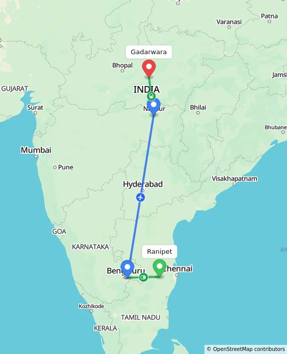 Route map showing distance and travel time from Ranipet, India to Gadarwara, India