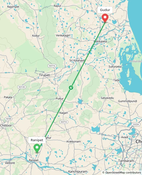 Route map showing distance and travel time from Ranipet, India to Gudur, India