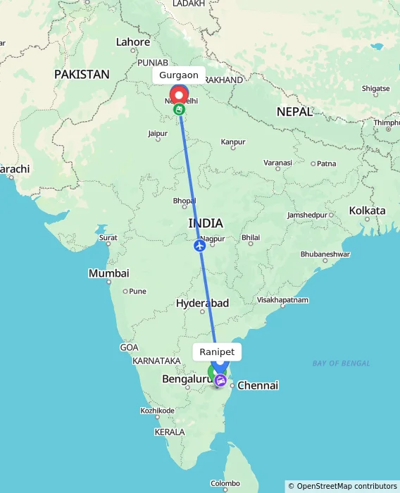 Route map showing distance and travel time from Ranipet, India to Gurgaon, India