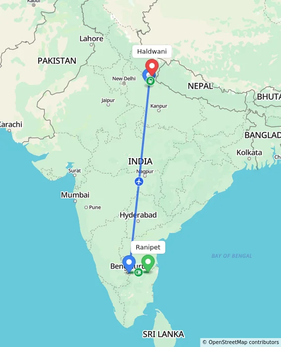 Route map showing distance and travel time from Ranipet, India to Haldwani, India