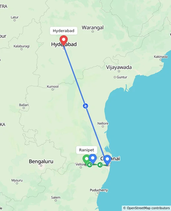 Route map showing distance and travel time from Ranipet, India to Hyderabad, India