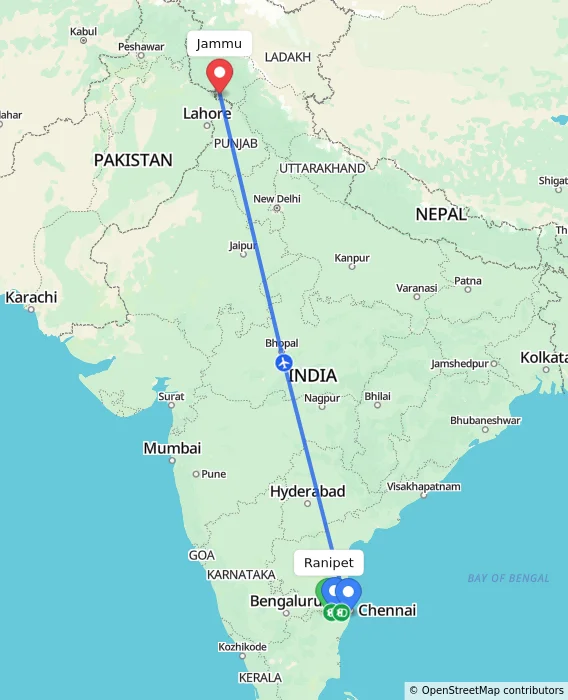 Route map showing distance and travel time from Ranipet, India to Jammu, India