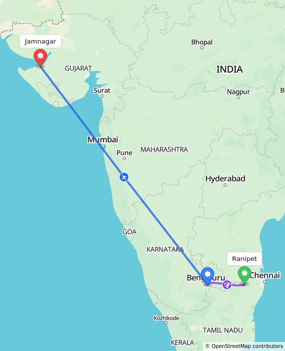 Route map showing distance and travel time from Ranipet, India to Jamnagar, India
