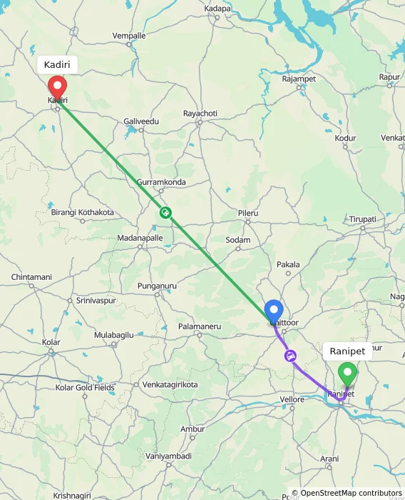 Route map showing distance and travel time from Ranipet, India to Kadiri, India