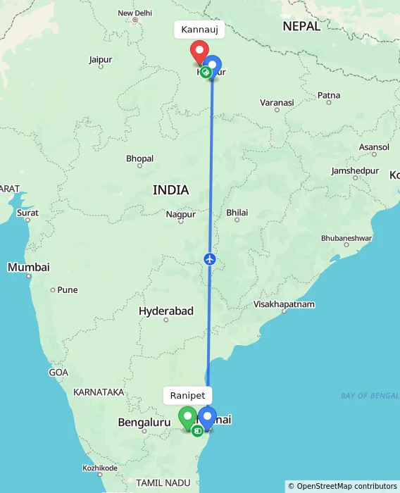 Route map showing distance and travel time from Ranipet, India to Kannauj, India