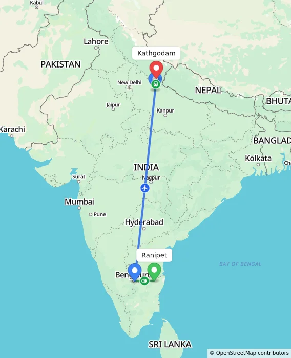 Route map showing distance and travel time from Ranipet, India to Kathgodam, India