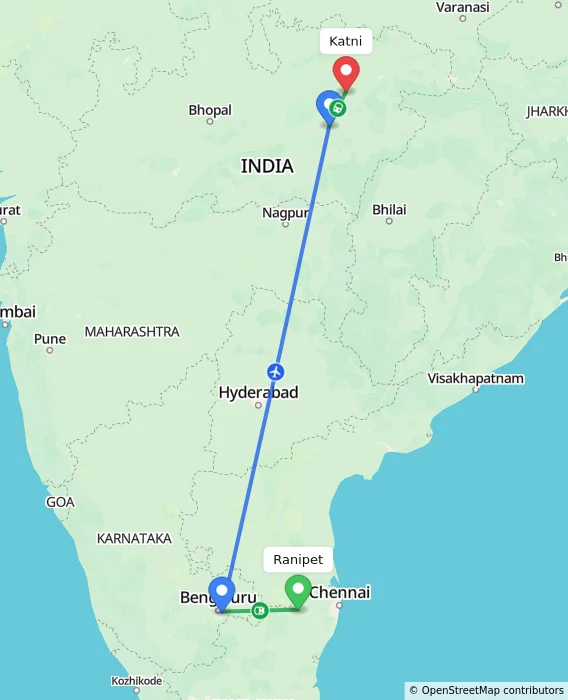 Route map showing distance and travel time from Ranipet, India to Katni, India